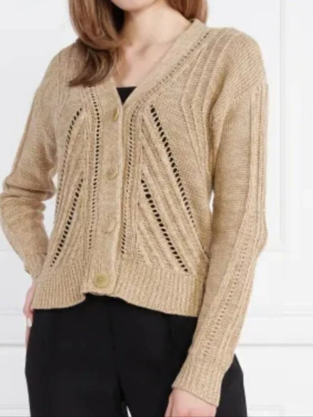 Lauren Ralph Lauren Linen Taupe Beige Oat Openwork VNeck Button Cardigan Size XL